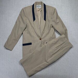 Vintage Oleg Cassini Skirt Suit Set Beige Navy Trim Pencil Straight Size 16
